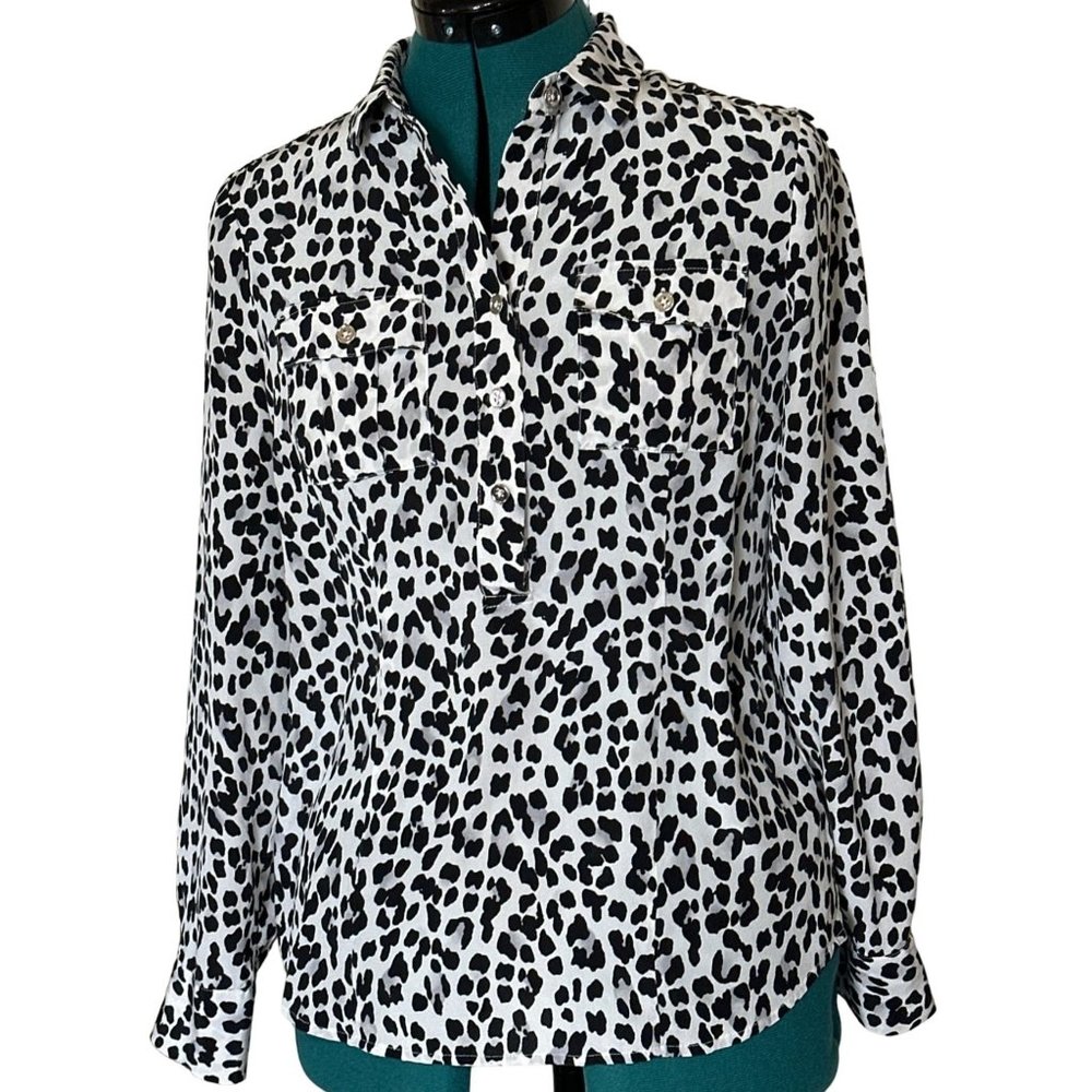 White Black House Market Blouse Leopard Print 100% Silk Women's Size 4 (READ)
